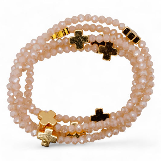 Light Pink Bead With Gold Crosses Stack Bracelets