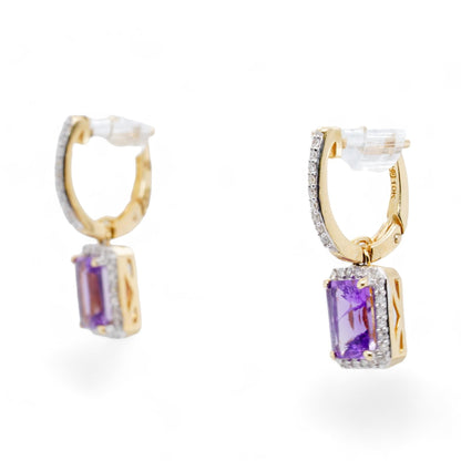 10K Gold Emerald Cut Amethyst With Diamond Halo Dangle Earrings