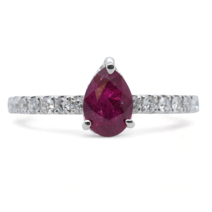 18K White Gold Pear Shaped Ruby With Diamond Accents Ring