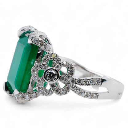 Platinum Emerald With Diamond Flower Accents Ring