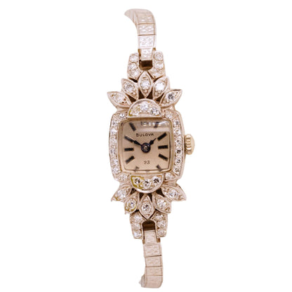 Women's Diamond Pave Art Deco Manual Wind White Gold Watch