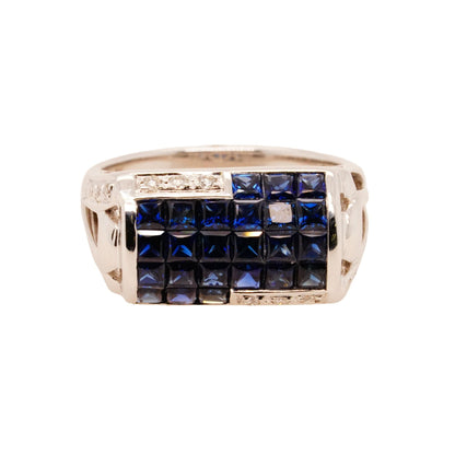 18K White Gold Princess Shaped Blue Sapphire Cluster With Diamond Accents Band