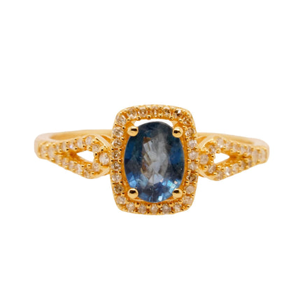 14K Gold Oval Blue Sapphire With Diamond Accents Cocktail Ring