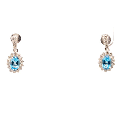 10K White Gold Oval Swiss Blue Topaz With Diamond Halo Dangle Earrings