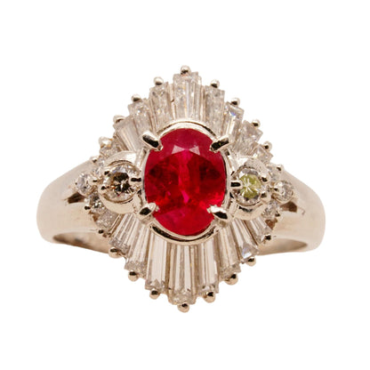 Platinum Oval Red Ruby With Round And Baguette Diamond Ballerina Halo Ring