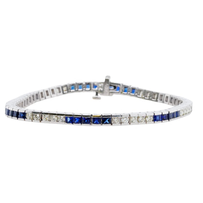 14K White Gold Round Diamond And Square Blue Sapphire Line Bracelet