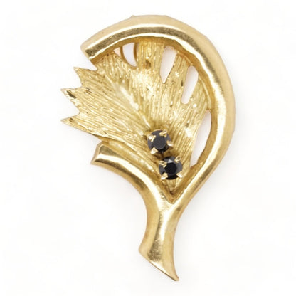 14K Gold Branch And Leaf Pendant With Two Black Stones