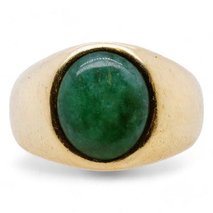 14K Gold Bezel Set Oval Green Stone Gents Ring