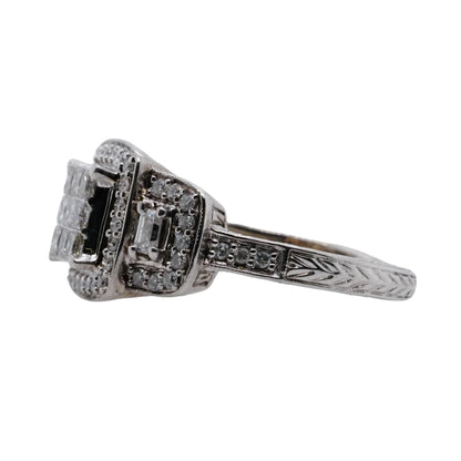 14K White Gold Princess Cut Cluster Center, Halo, And Baguette Side Diamond Ring