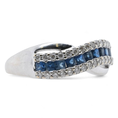 14K White Gold Criss Cross Blue Stone And Diamonds Band