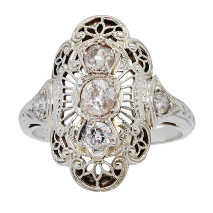 18K White Gold Vintage Lace Style Setting With Mine Cut Diamonds Ring