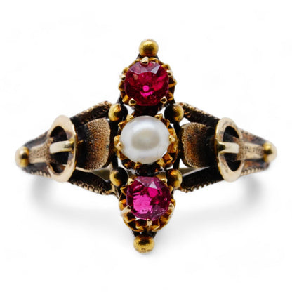 14K Gold Antique Victorian Two Round Rubies And Pearl Cocktail Ring