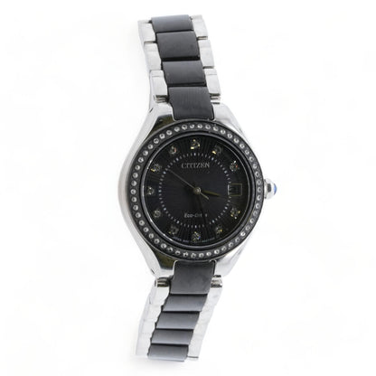 Ladies Eco-Drive Crystal Black Dial Stainless Steel Watch