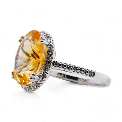 14K White Gold Citrine With Diamond Halo Cocktail Ring