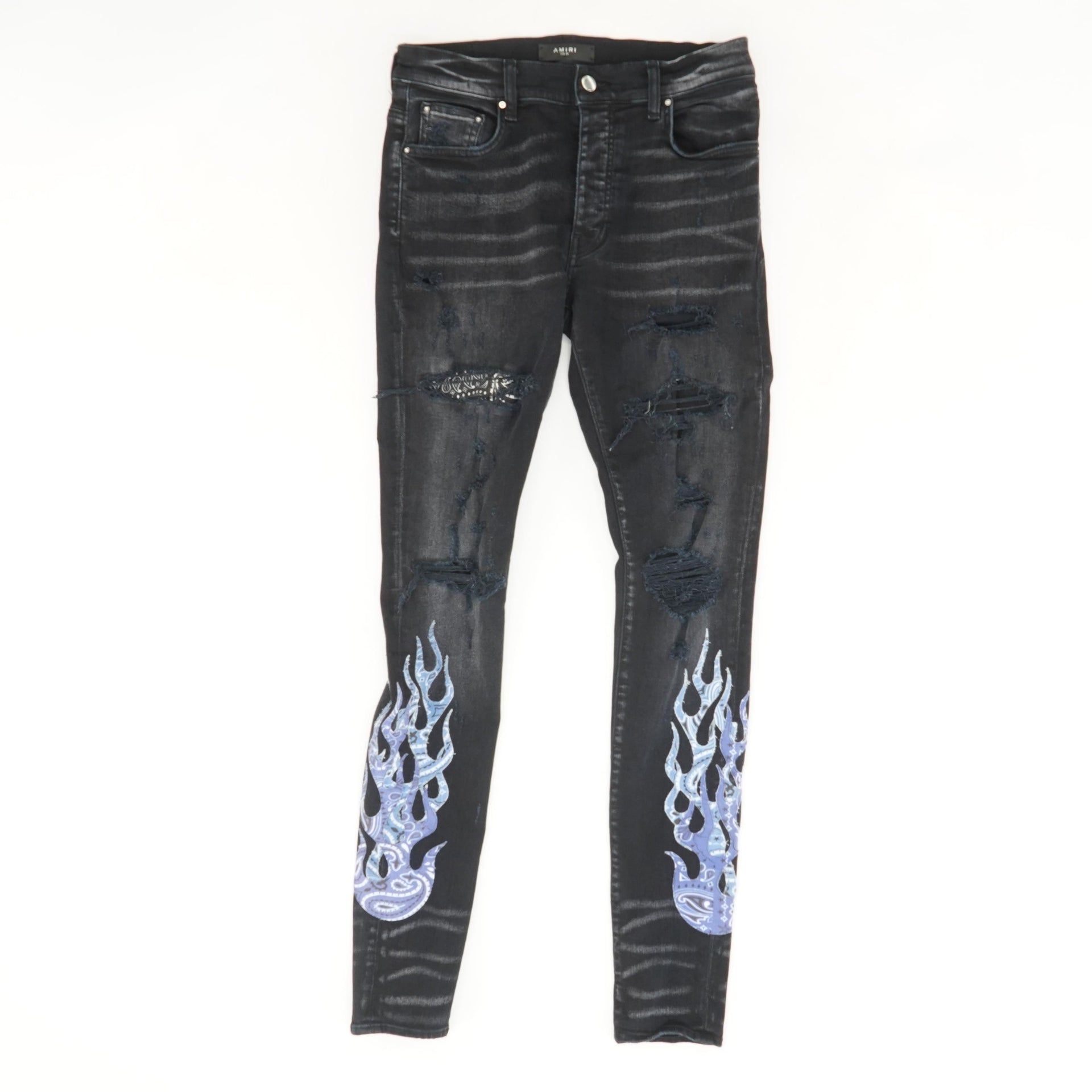 Amiri Bandana Flame Jean Patch in Aged Black / Blue Size 38 Brand New