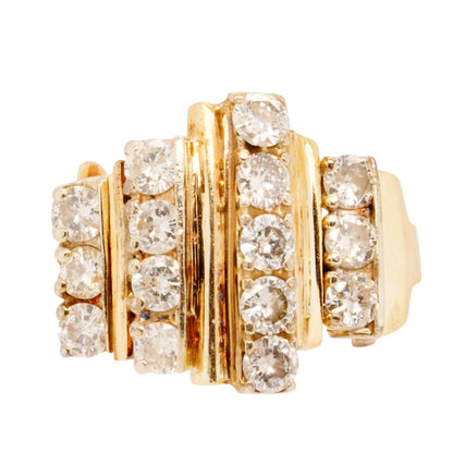 14K Gold Four Row Round Diamond Statement Ring