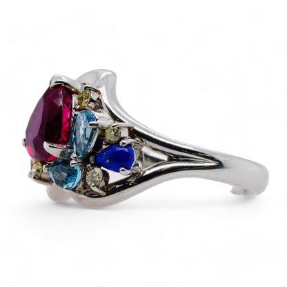 Platinum Multi Precious Gemstone Cluster Cocktail Ring