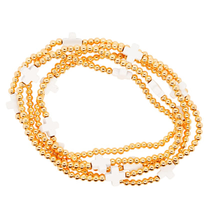 White Cross Gold Tone Bead Stack Bracelet