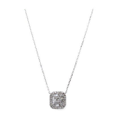 14K White Gold Baguette And Round Diamond Pendant Necklace