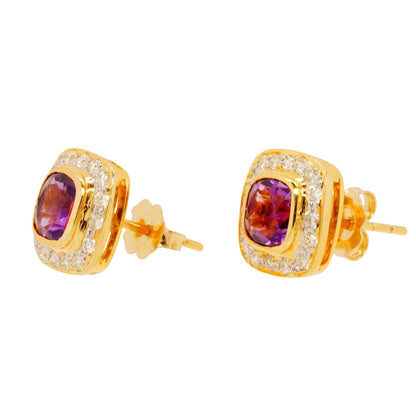 14K Gold Amethyst With Diamond Halo Stud Earrings