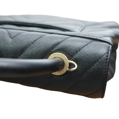 Black Chevron Quilted Coco Top Handle Bag in Caviar Leather