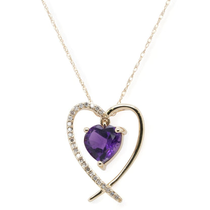 14K Gold Amethyst Garnet Heart With Gold And Diamond Heart Pendant Necklace