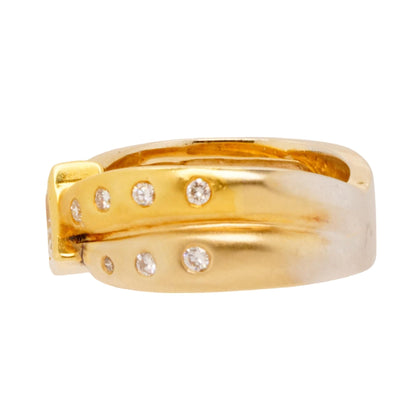 18K Gold Trillion Diamond Center With Round Diamonds On Brush Finish Band