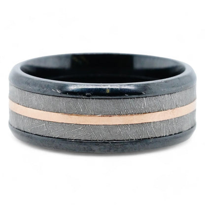 Zirconium Beveled Meteorite And 14K Rose Gold Inlay Beveled Band