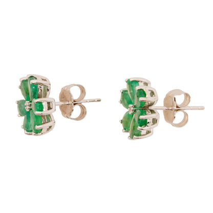 14K White Gold Emerald And Diamond Flower Stud Earrings