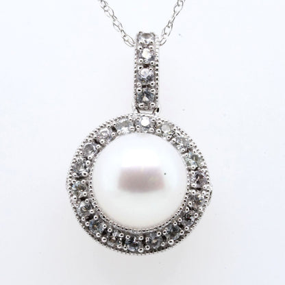 14K White Gold Pearl With White Sapphire Halo Pendant Necklace