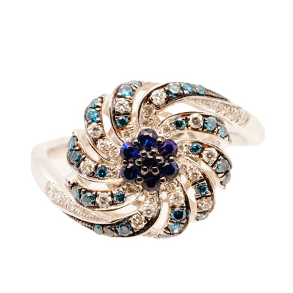 18K White Gold Blue Sapphire Flower With Blue And White Diamond Spiral Ring