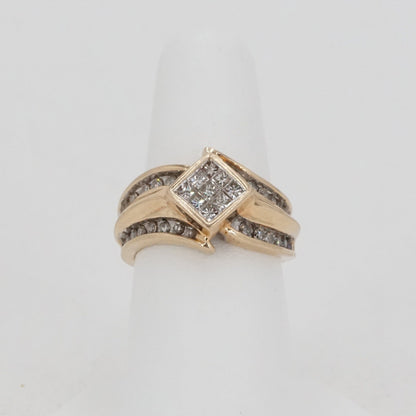 10K Gold Ring with Square Diamond Pave Center and Round Diamond Row Bypass