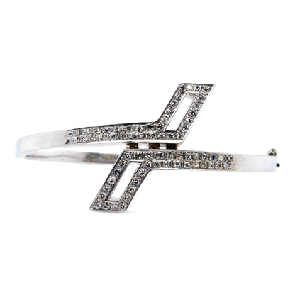 White Gold Round Diamond Bypass Hinged Cuff Bracelet