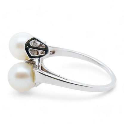 14K White Gold Cultured Akoya Pearls And Baguette Diamonds Cocktail Ring