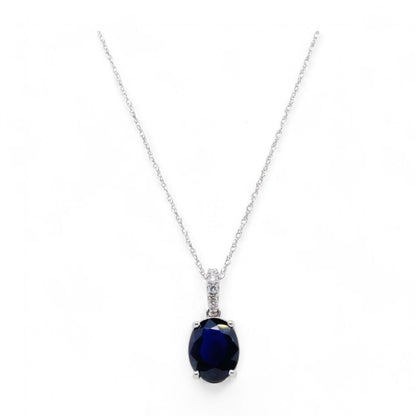 14K White Gold Oval Blue Sapphire With Diamond Accents Pendant Necklace