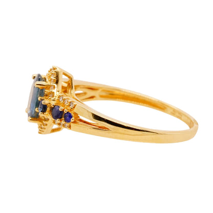 14K Gold Oval And Round Blue Sapphires With Diamond Accents Band