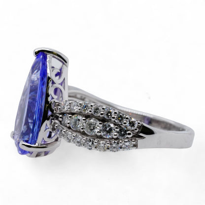 14K White Gold Pear Shaped Tanzanite With Round Diamond Accents Ring