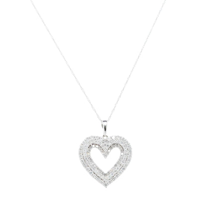 10K White Gold Triple Row Diamond Heart Pendant Whisper Chain Necklace