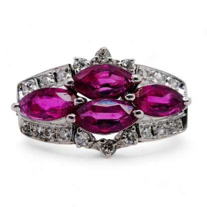 14K White Gold Marquise Cut Ruby Cocktail Ring Set East/West With Diamond Accent