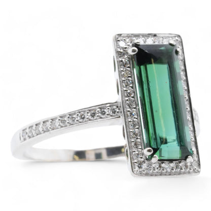 18K White Gold Elongated Green Tourmaline With Diamond Accents Ring