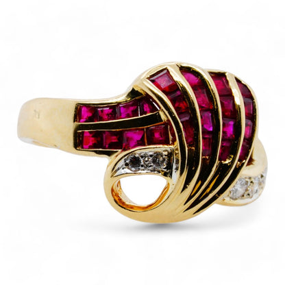 18K Gold Deco Style With French Cut Rubies And Round Diamonds Ring