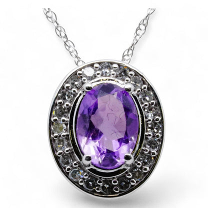 10K White Gold Oval Amethyst With Diamond Halo Pendant Necklace