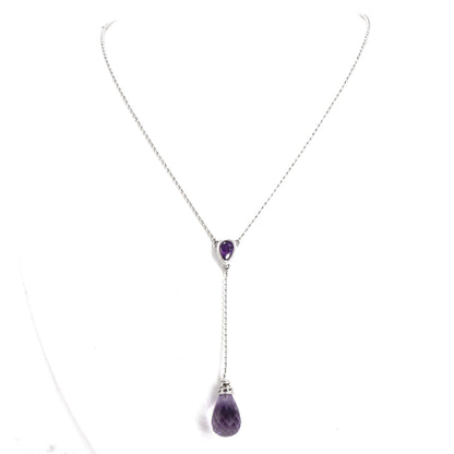 14K White Gold Pear And Briolette Cut Purple Stones Beaded Lariat Chain Necklace