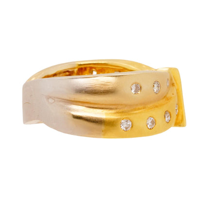 18K Gold Trillion Diamond Center With Round Diamonds On Brush Finish Band