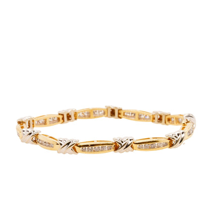 14K Two Tone Gold Bar And X Link Round Diamond Bracelet