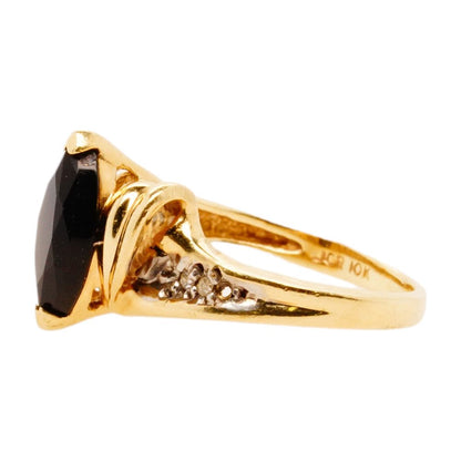 10K Gold Marquise Black Stone Cocktail Ring With Diamond Accents