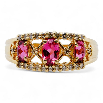 14K Gold Three Oval Pink Stones With Round Diamond Accents Band