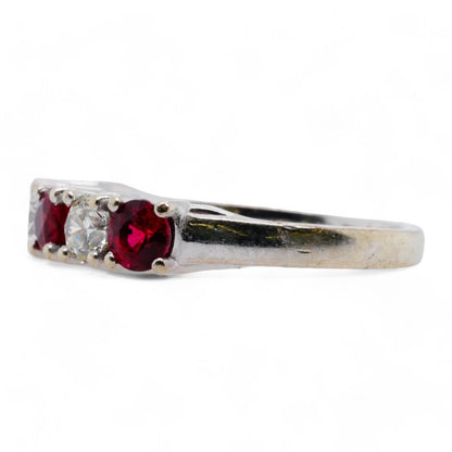 14K White Gold Red Stone And Diamond Band