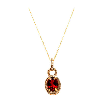 10K Gold Oval Garnet With Diamond Halo Pendant Necklace