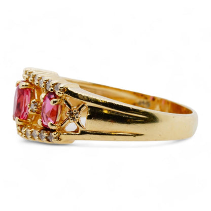 14K Gold Three Oval Pink Stones With Round Diamond Accents Band